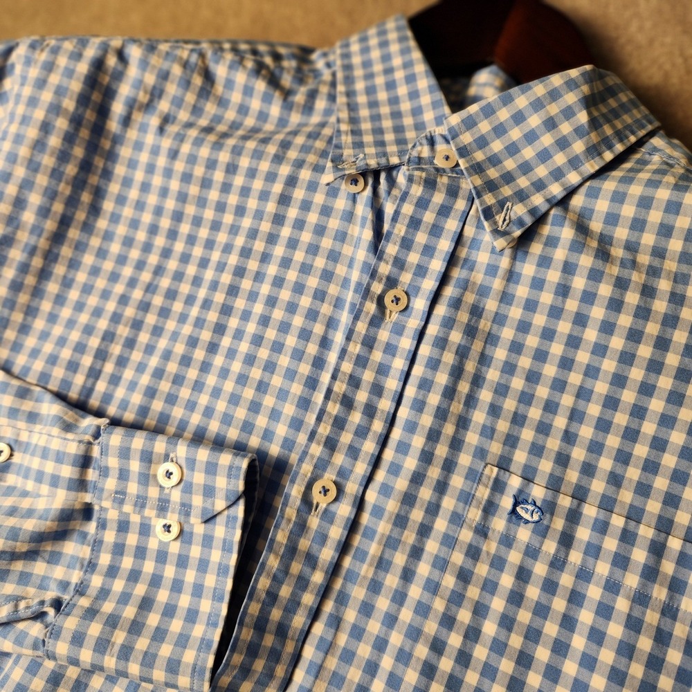 Southern Tide Button Down Mens Large Blue White Gingham Skipjack Logo Shirt
